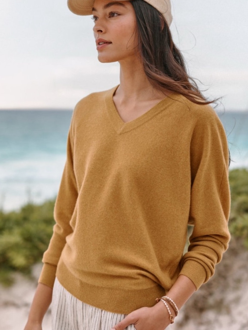 Garnet Hill 100% Cashmere V-Neck Sweater in Mustard